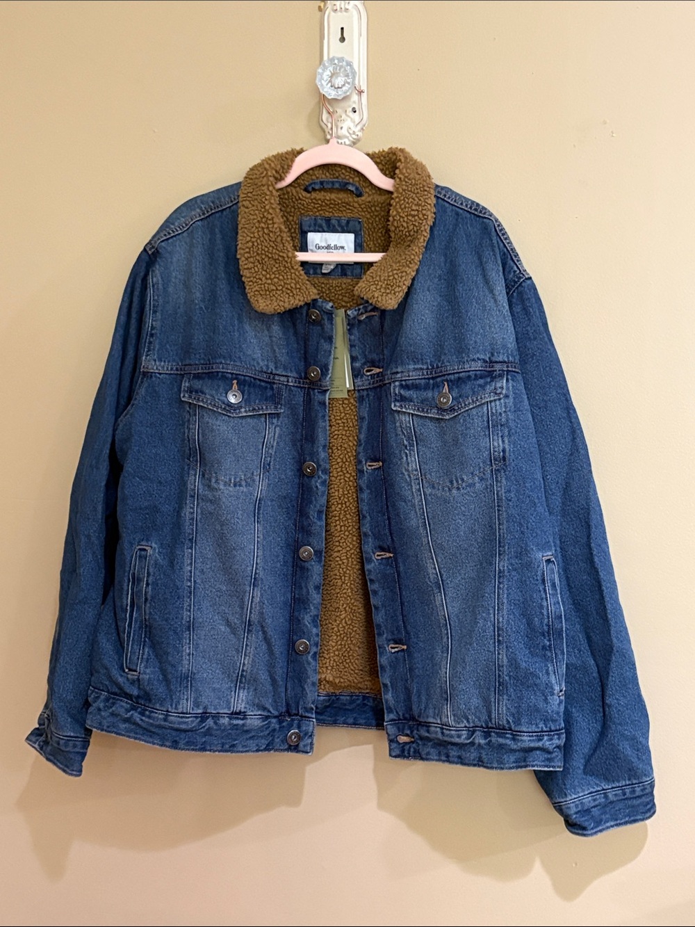 Goodfellow & Co Blue Denim Jacket with Brown Sherpa lining collar
